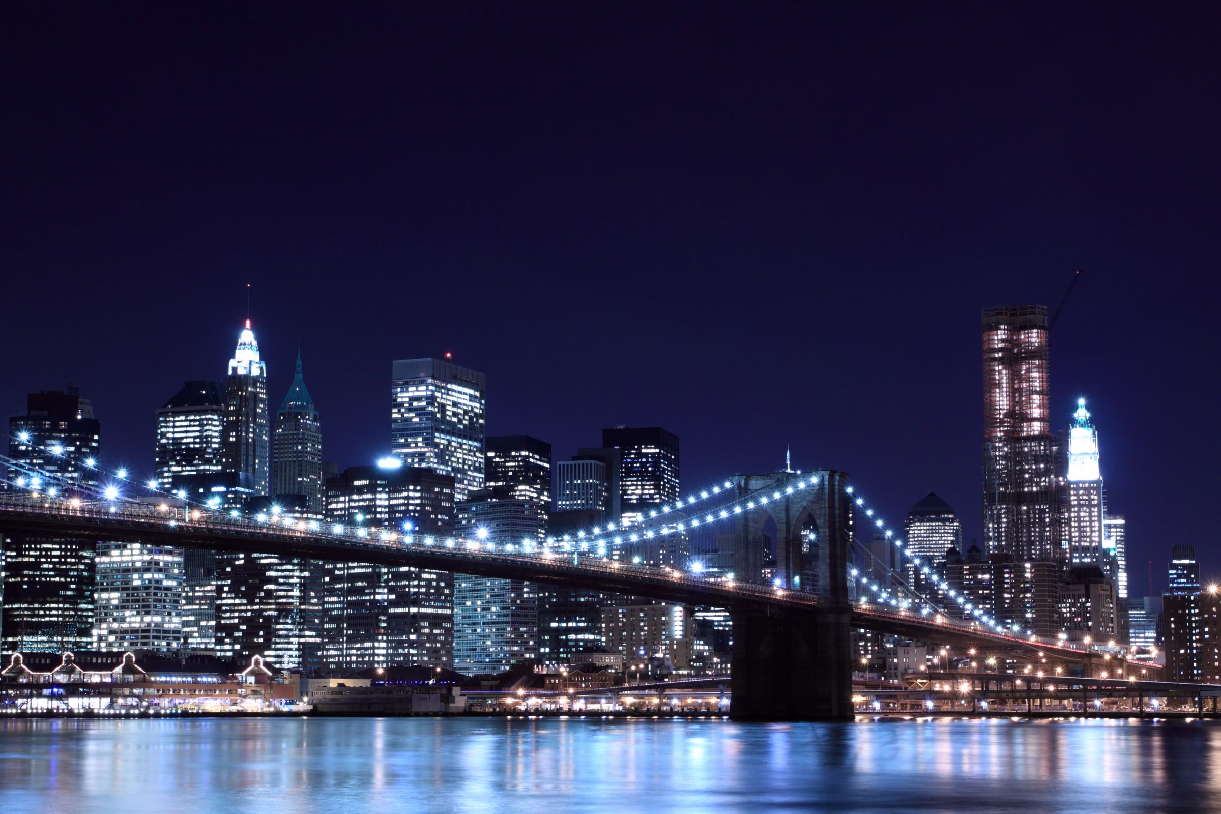 Brooklyn Bridge and Manhattan Skyline At Night, New York City